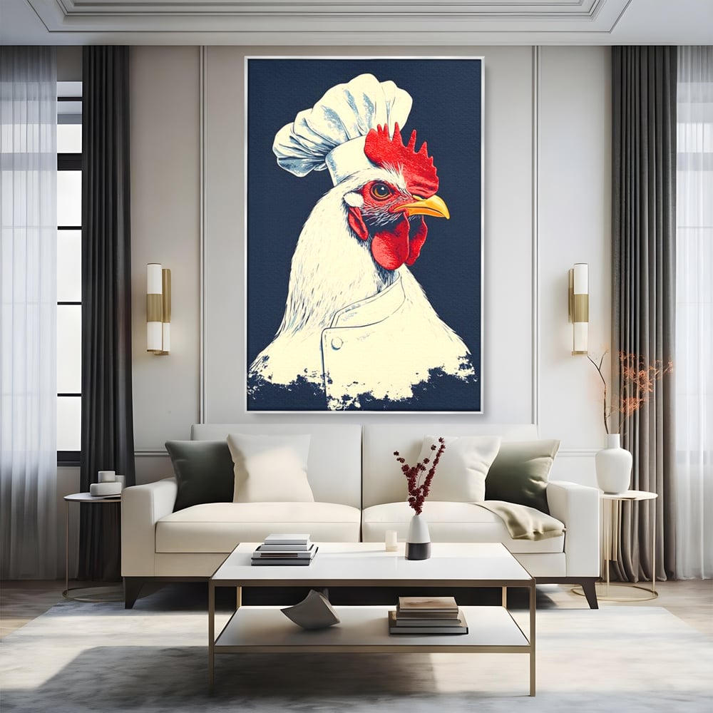 Tablou canvas cu tablou canvas cu gaina bucatar, in rama de aluminiu argintiu, pe perete intr-un living